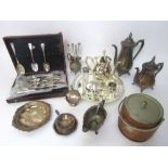 A large mixed collection of silver plated items to include silver plated baluster tea service,