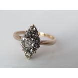 A 14ct diamond marquise ring, the central diamond approx 0.25cts, surrounded by further graduated