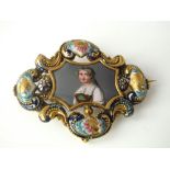 An 18ct gold and enamel brooch set with enamelled panel, painted to back Zurik, 12.5g