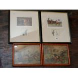 A pair of framed montages after Cecil Aldin, showing coloured prints of a hunting scene and an