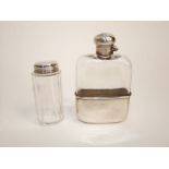 A 1920s silver and glass hip flask, maker marks worn, hallmarks probably London 1927, 13cm high;