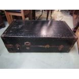 Good vintage studded leather travelling trunk, the bold fabric lined interior fitted with four