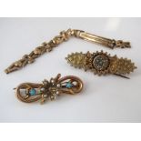 Two 9ct brooches set with turquoise and seed pearls together with a 9ct watch strap (af), 11g total