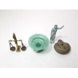 A psudeo ancient figure, glass bowl and lamp and a small set of balance scales