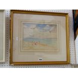 A watercolour by Robert Alexander showing a beach scene with figures, signed bottom right R