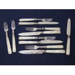 Five pairs of silver bladed dessert knives and forks with etched detail and mother-of-pearl handles,