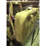 A vintage brown leather suitcase and one other together with a picnic basket and a vintage Dunlop