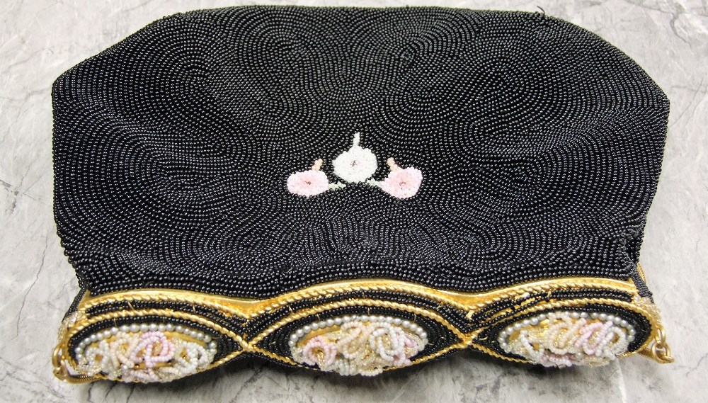 Two French beadwork evening bags in black. One with coloured floral detail - Image 4 of 5