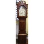 A Georgian oak longcase clock crossbanded in rosewood, the short door with marquetry panel enclosing