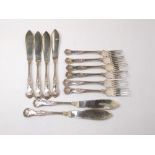set of 1970s Georgian style silver cast fish cutlery comprising six forks and knives, with kings