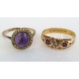 An 18ct diamond and ruby ring with engraved decoration together with an 18ct cabochon amethyst and