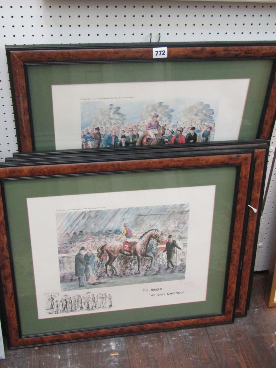 A set of four signed coloured limited edition humorous caricature type prints on a horse racing