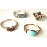 Three 9ct rings, one set with diamonds and rubies, one with turquoise and a cluster ring set with