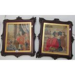 A pair of 19th century needlework panels in carved and shaped wooden frames and gilt slips,