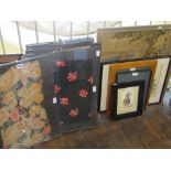 A collection of nine framed textile panels with various floral, striped and spotted detail in clip