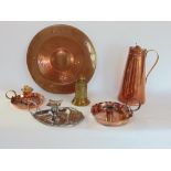 A Benson copper lidded jug together with a WMF plated chamberstick in the art nouveau manner, a