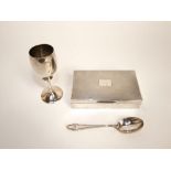 A mixed collection of silver to include an engine turned cigarette box, silver goblet and further