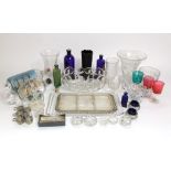 A mixed collection of glass ware to include two ships in bottles, apothecary bottles and further