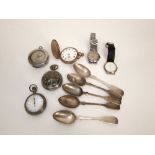 Five Victorian fiddle pattern teaspoons, 3 oz approx together with four various pocket watches and