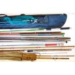 A collection of vintage fishing rods including rods by Martin James, Milbo and Arka with a