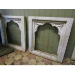 A pair of weathered white marble window frames of rectangular form with Gothic tracery detail, 78 cm