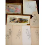 A collection of pencil life drawings, probably dated from the 1930s, of female characters, one