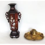 Chinese hardwood faceted baluster vase inlaid with mother-of-pearl decorated with birds on branches;