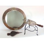 Arts & Crafts planished copper circular wall mirror embossed with roses; together with a further