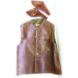 Leather waistcoat with two leather gun holsters, a military issue army bag and copper warming pan (