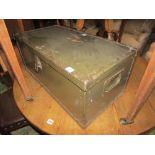 A green painted steel framed strong box with hinged lid and flush fitting carrying handles and