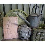 Small miscellaneous collection including galvanized iron watering can, a lead lion mask fountain