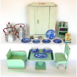 A collection of doll's house/scale furniture to include a wardrobe, table and chairs and side