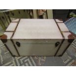 A vintage style travel trunk with canvas panels overlaid with leather and timber, 80 cm max