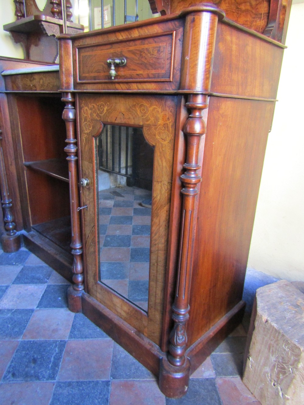 A Victorian figured walnut inverted break front chiffonier or side cabinet, the lower section - Image 2 of 3
