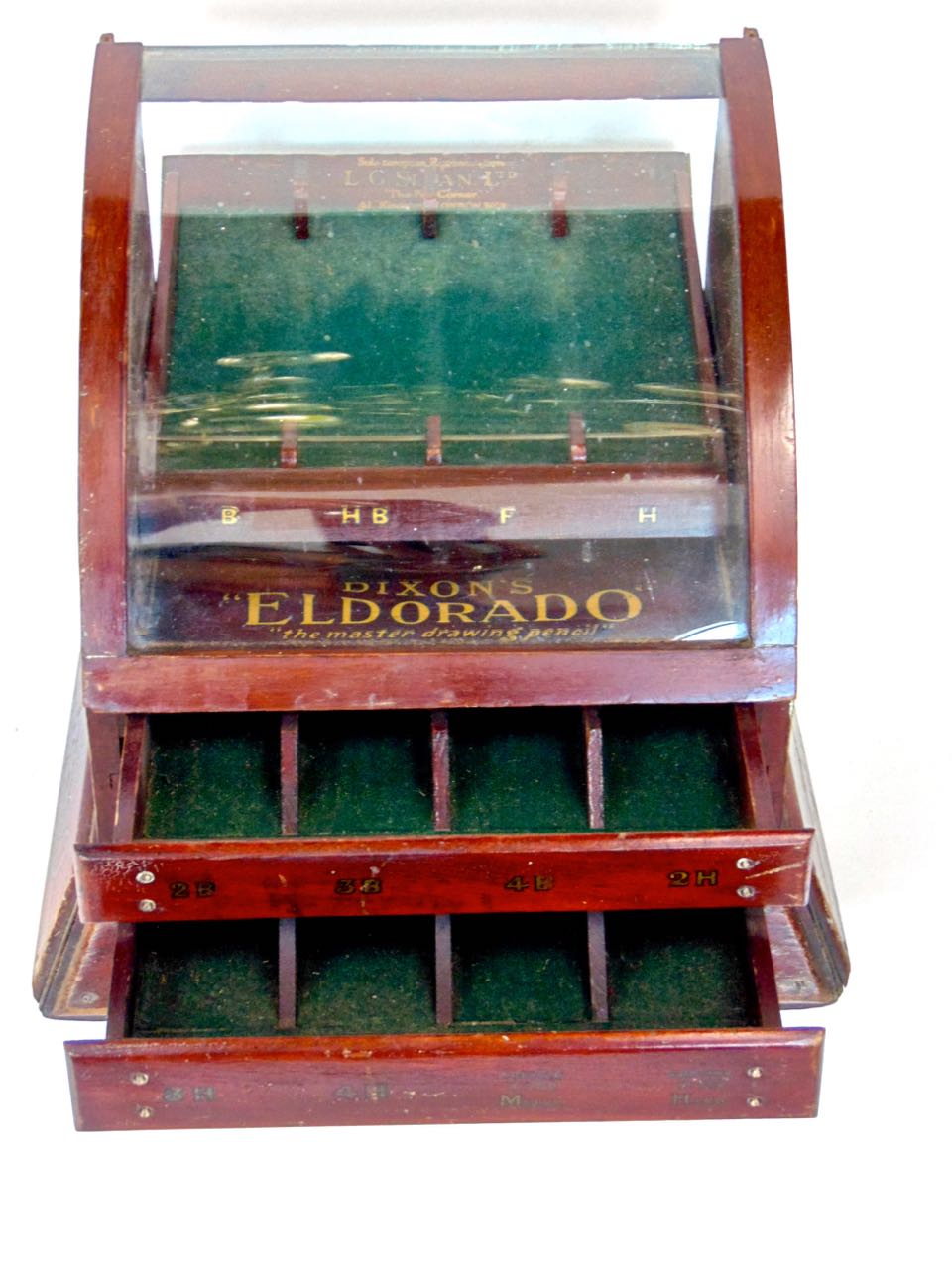 A good "Dixons Eldorado" stationers pencil cabinet, with arched glass panel over two slim drawers - Image 2 of 4