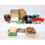 Box of interesting items to include Bakelite telephone, Carltonware pen stand, view master,