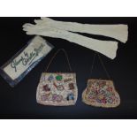 A wool work clutch bag together with a silk clutch bag decorated with feathers and flowers