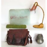 Mixed miscellaneous lot to include a vintage table lamp with art glass shade, a pewter caddy, a