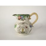 A 19th century farmers arms jug with printed and infilled decoration including dogs, children