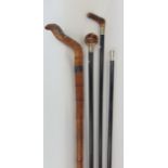 A bundle of four walking to include four canes with white metal collars and a further unusual exotic