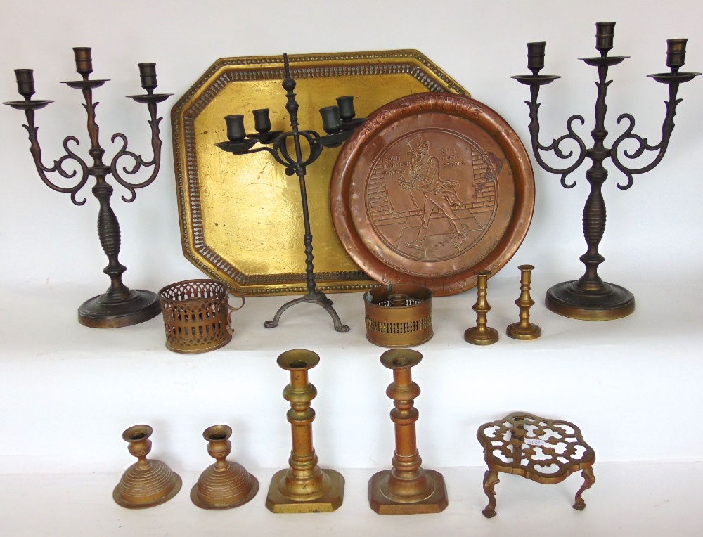 Mixed lot of metalware to include pair of copper twin branch candelabra, further iron work, brass