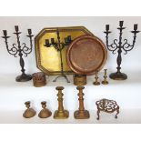 Mixed lot of metalware to include pair of copper twin branch candelabra, further iron work, brass