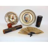 Box of interesting items to include pen box, Chinese lacquered scent box, further treen string