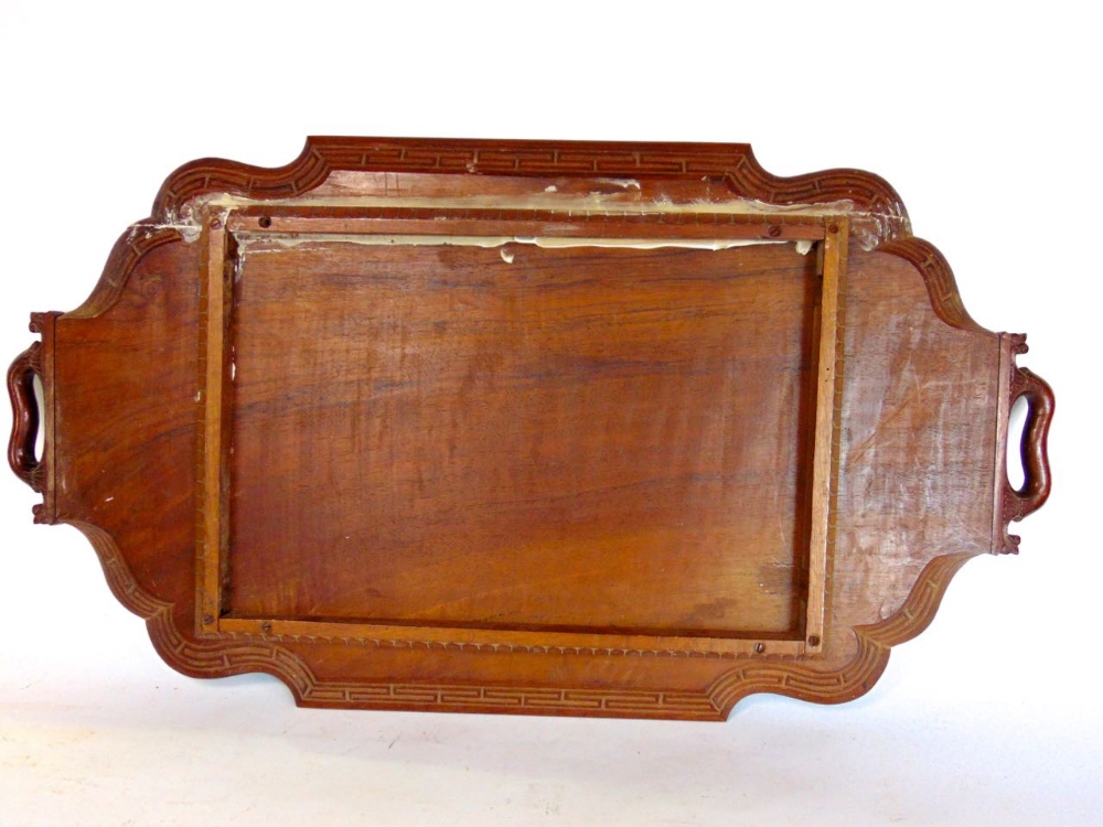 A carved eastern hardwood twin handled gallery tray with serpentine type frame, carved with scrolled - Image 3 of 3