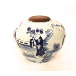 An oriental vase of circular form with blue and white painted decoration of children in a