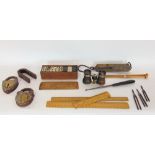 A box of interesting gentlemen's items to include scales, binoculars, padlocks, dominoes, etc