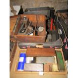 Collection of sharpening stones, rulers, levels, etc (2 boxes)