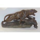 French cast plaster figural group of a tiger attacking a sheep, inscribed "Ant Amorcasti" 55cm