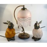 ART DECO STYLE TABLELAMP WITH GLASS PENDANT SHADE (H: 36 cm),TWO RABBIT TABLELAMPS (TIN CHI) H:20cm