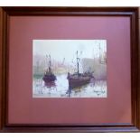 HARBOUR SCENE WITH BOATS MOORED IN THE FOREGROUND, SIGNED, OIL ON CANVAS (24 cm x 30 cm)